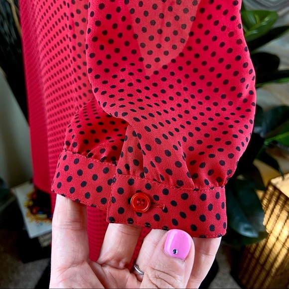 VINTAGE Givenchy Sheer Red Black Polka Dot Top Puff Sleeve Shoulder Blouse Shirt - Picture 6 of 9